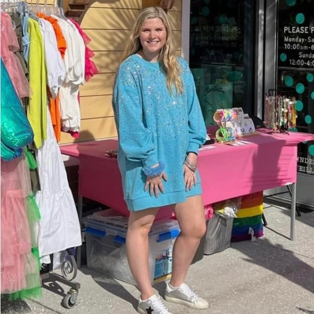 Queen Of Sparkles Full Rhinestone Blue Sweatshirt Dress